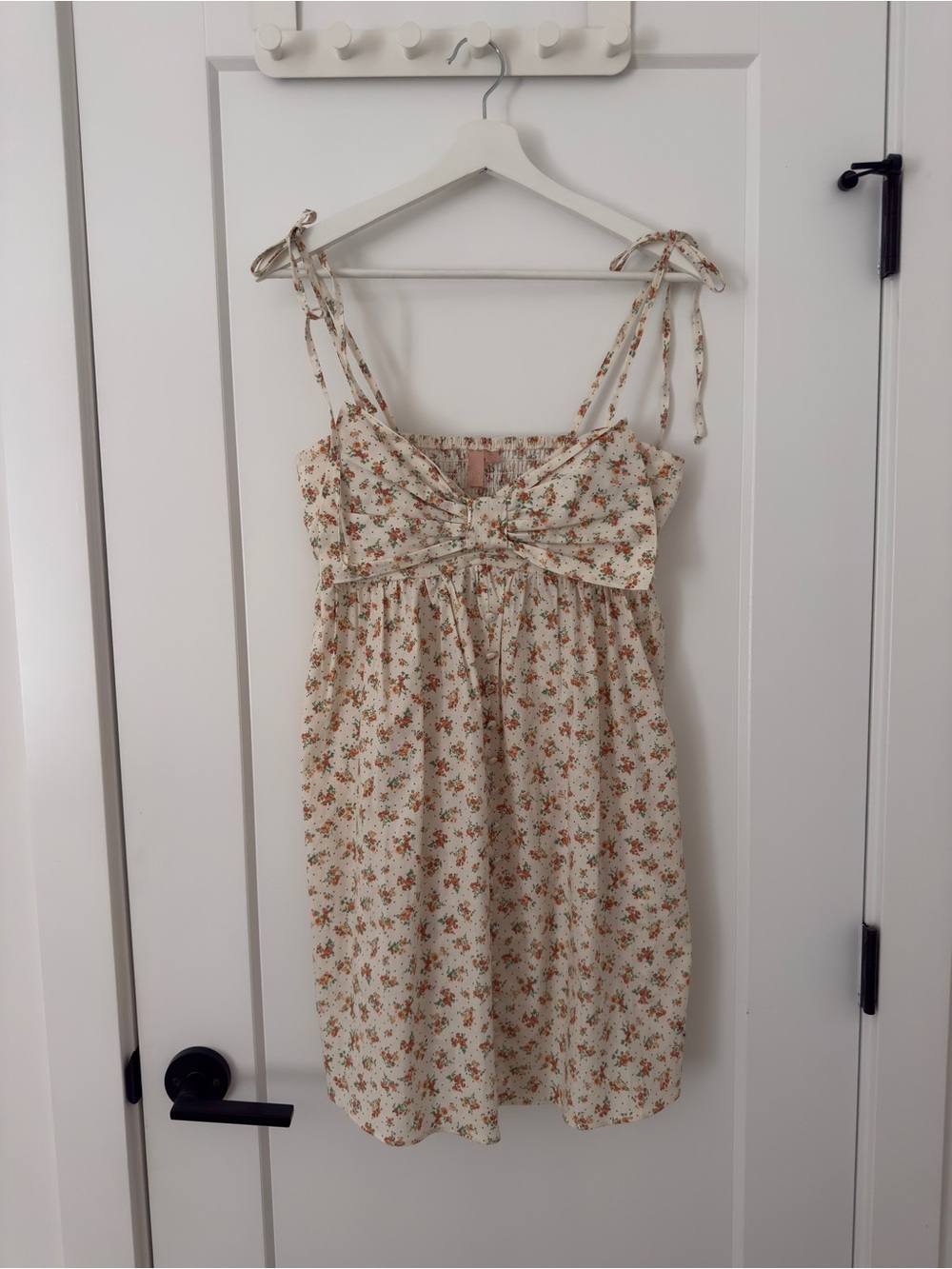 Ivory Floral Bow Tie-Strap Midi Dress Size M